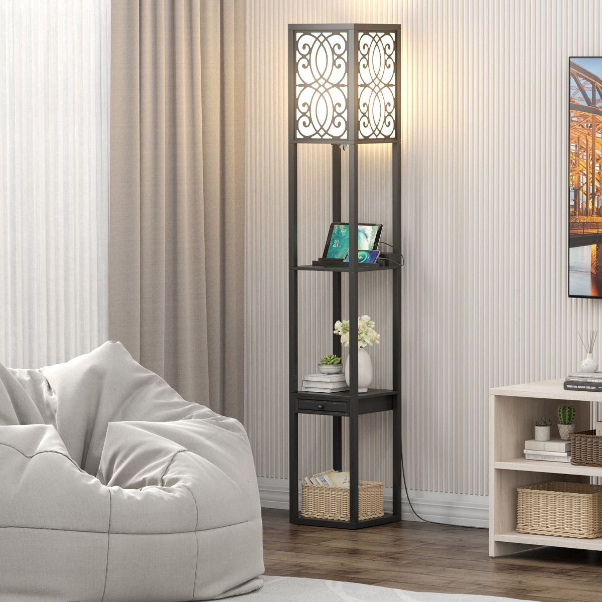 Lampada a Stelo Con Ripiani E Cassetto, Lampada a Piantana Moderna Con 1 Presa Elettrica 2 Porte USB Nera