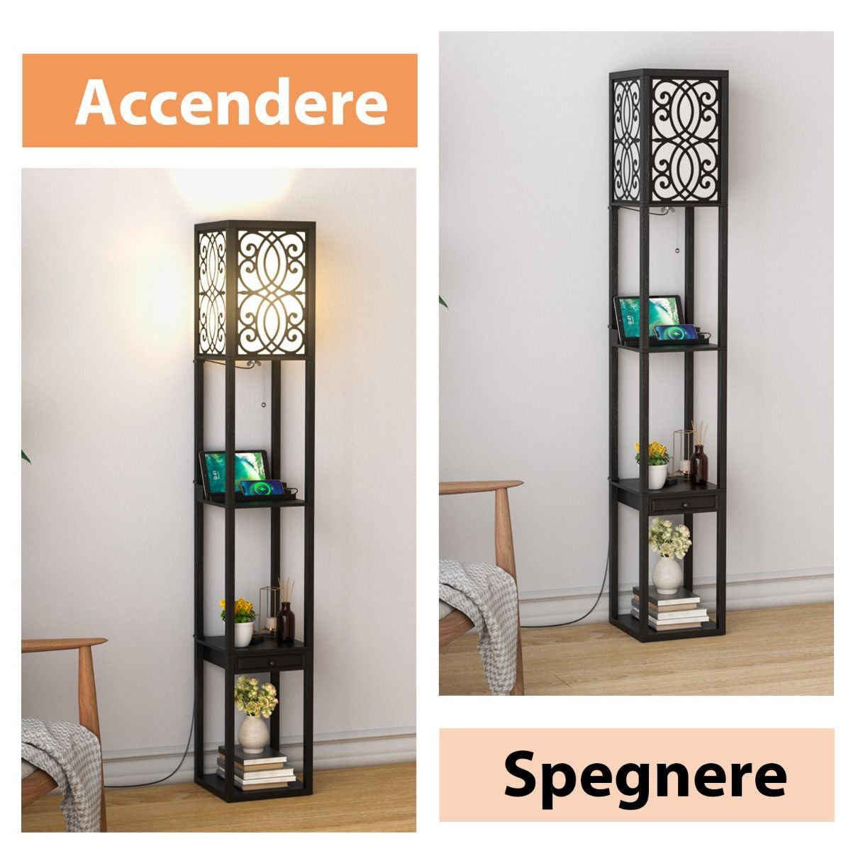 Lampada a Stelo Con Ripiani E Cassetto, Lampada a Piantana Moderna Con 1 Presa Elettrica 2 Porte USB Nera