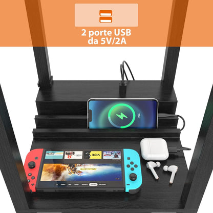 Lampada a Stelo Con Ripiani E Cassetto, Lampada a Piantana Moderna Con 1 Presa Elettrica 2 Porte USB Nera