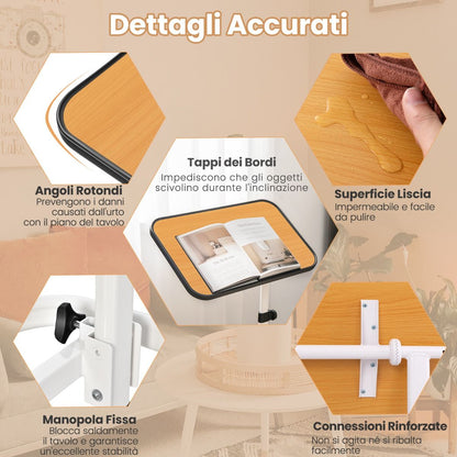 Tavolino Con Ruote Piroettanti Altezza Regolabile a 9 Posizioni Piano Inclinabile, Tavolino Porta PC 61X43,5X93Cm 2 Colori
