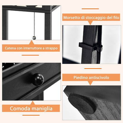 Lampada a Stelo Con Ripiani E Cassetto, Lampada a Piantana Moderna Con 1 Presa Elettrica 2 Porte USB Nera
