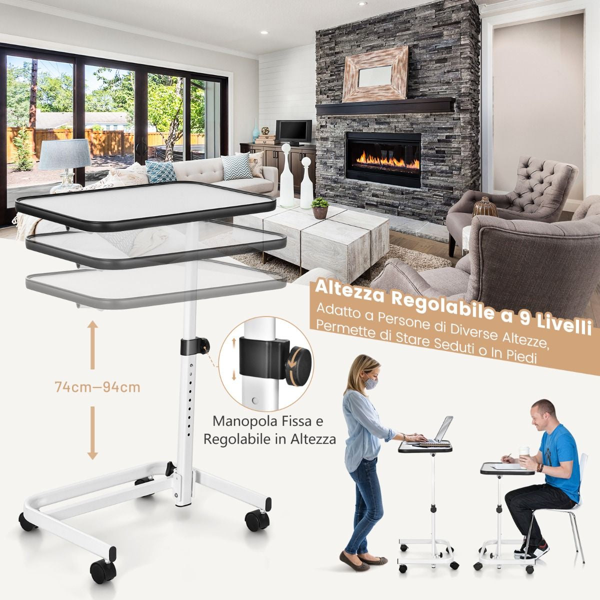 Tavolino Con Ruote Piroettanti Altezza Regolabile a 9 Posizioni Piano Inclinabile, Tavolino Porta PC 61X43,5X93Cm 2 Colori
