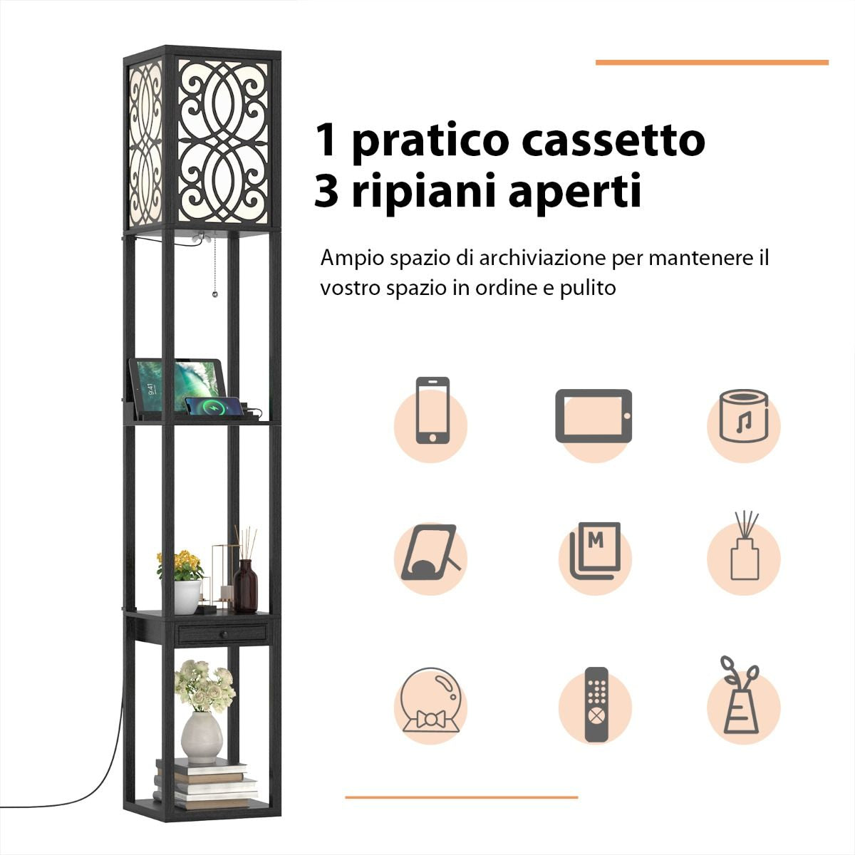 Lampada a Stelo Con Ripiani E Cassetto, Lampada a Piantana Moderna Con 1 Presa Elettrica 2 Porte USB Nera