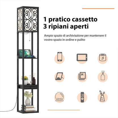 Lampada a Stelo Con Ripiani E Cassetto, Lampada a Piantana Moderna Con 1 Presa Elettrica 2 Porte USB Nera