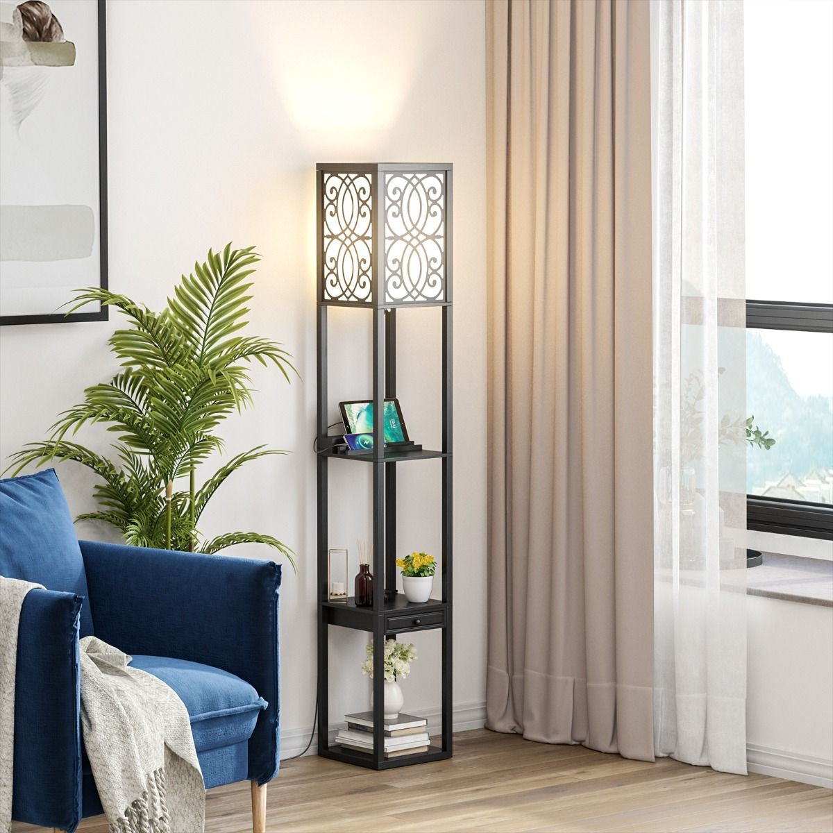 Lampada a Stelo Con Ripiani E Cassetto, Lampada a Piantana Moderna Con 1 Presa Elettrica 2 Porte USB Nera