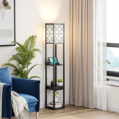 Lampada a Stelo Con Ripiani E Cassetto, Lampada a Piantana Moderna Con 1 Presa Elettrica 2 Porte USB Nera