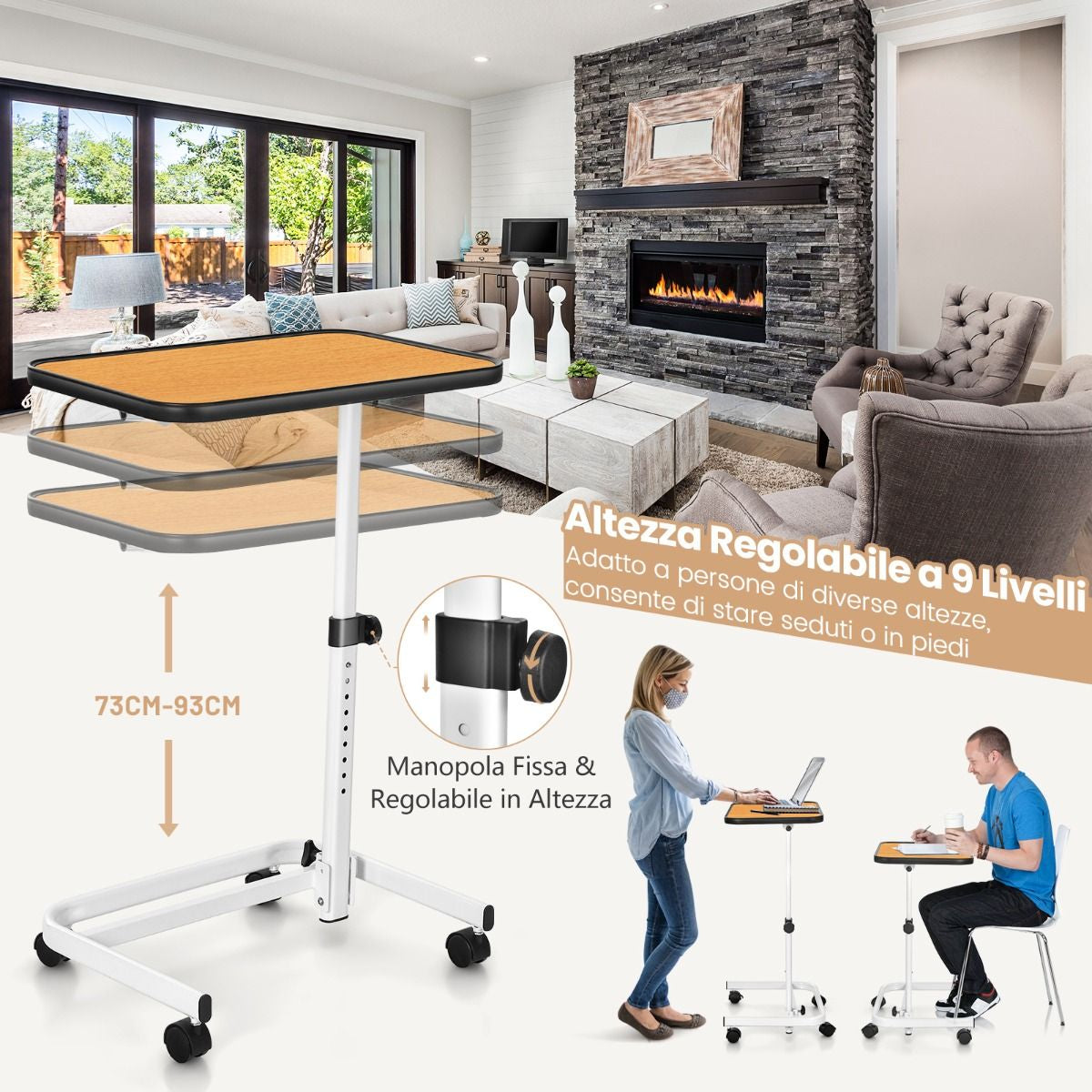 Tavolino Con Ruote Piroettanti Altezza Regolabile a 9 Posizioni Piano Inclinabile, Tavolino Porta PC 61X43,5X93Cm 2 Colori