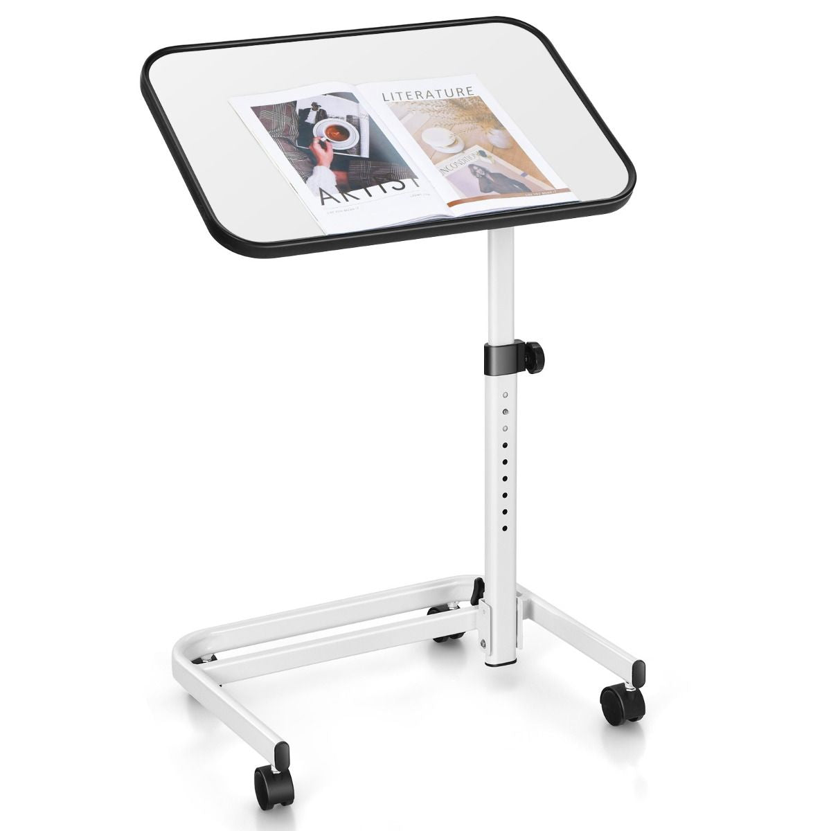 Tavolino Con Ruote Piroettanti Altezza Regolabile a 9 Posizioni Piano Inclinabile, Tavolino Porta PC 61X43,5X93Cm 2 Colori