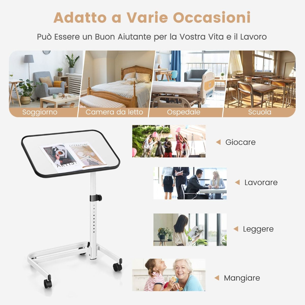 Tavolino Con Ruote Piroettanti Altezza Regolabile a 9 Posizioni Piano Inclinabile, Tavolino Porta PC 61X43,5X93Cm 2 Colori