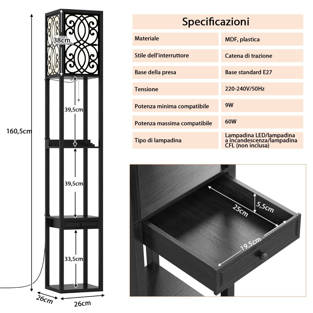 Lampada a Stelo Con Ripiani E Cassetto, Lampada a Piantana Moderna Con 1 Presa Elettrica 2 Porte USB Nera