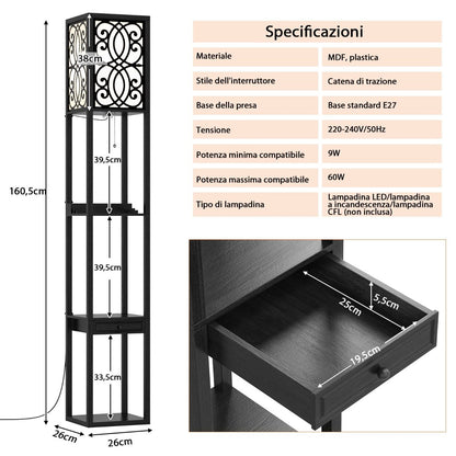 Lampada a Stelo Con Ripiani E Cassetto, Lampada a Piantana Moderna Con 1 Presa Elettrica 2 Porte USB Nera