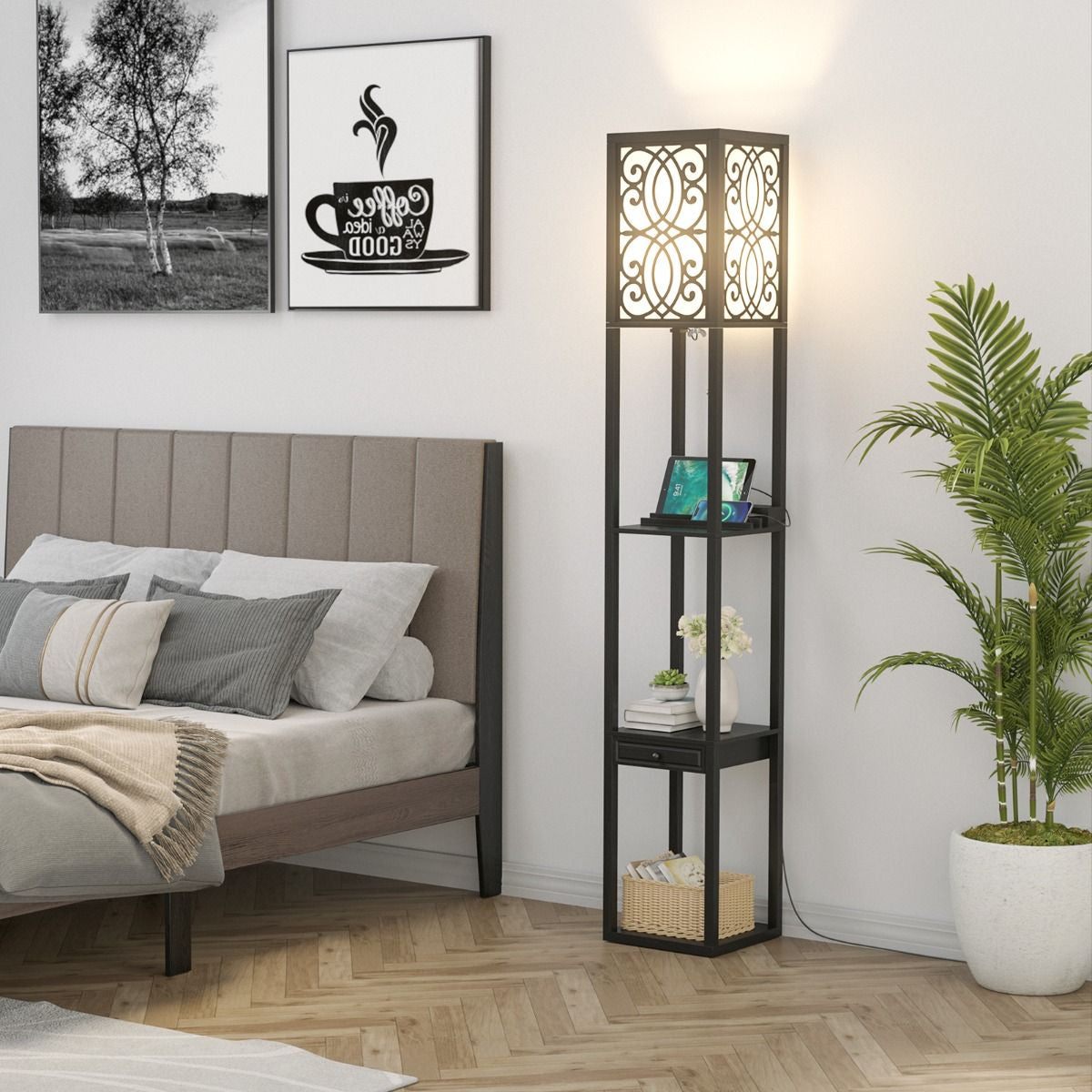 Lampada a Stelo Con Ripiani E Cassetto, Lampada a Piantana Moderna Con 1 Presa Elettrica 2 Porte USB Nera