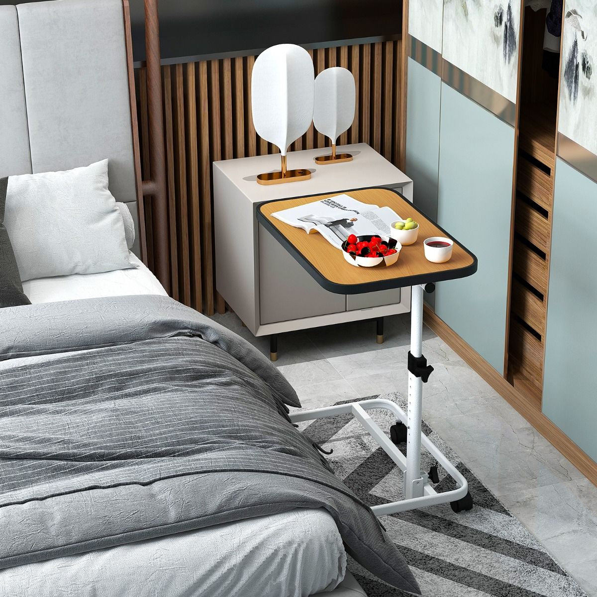 Tavolino Con Ruote Piroettanti Altezza Regolabile a 9 Posizioni Piano Inclinabile, Tavolino Porta PC 61X43,5X93Cm 2 Colori