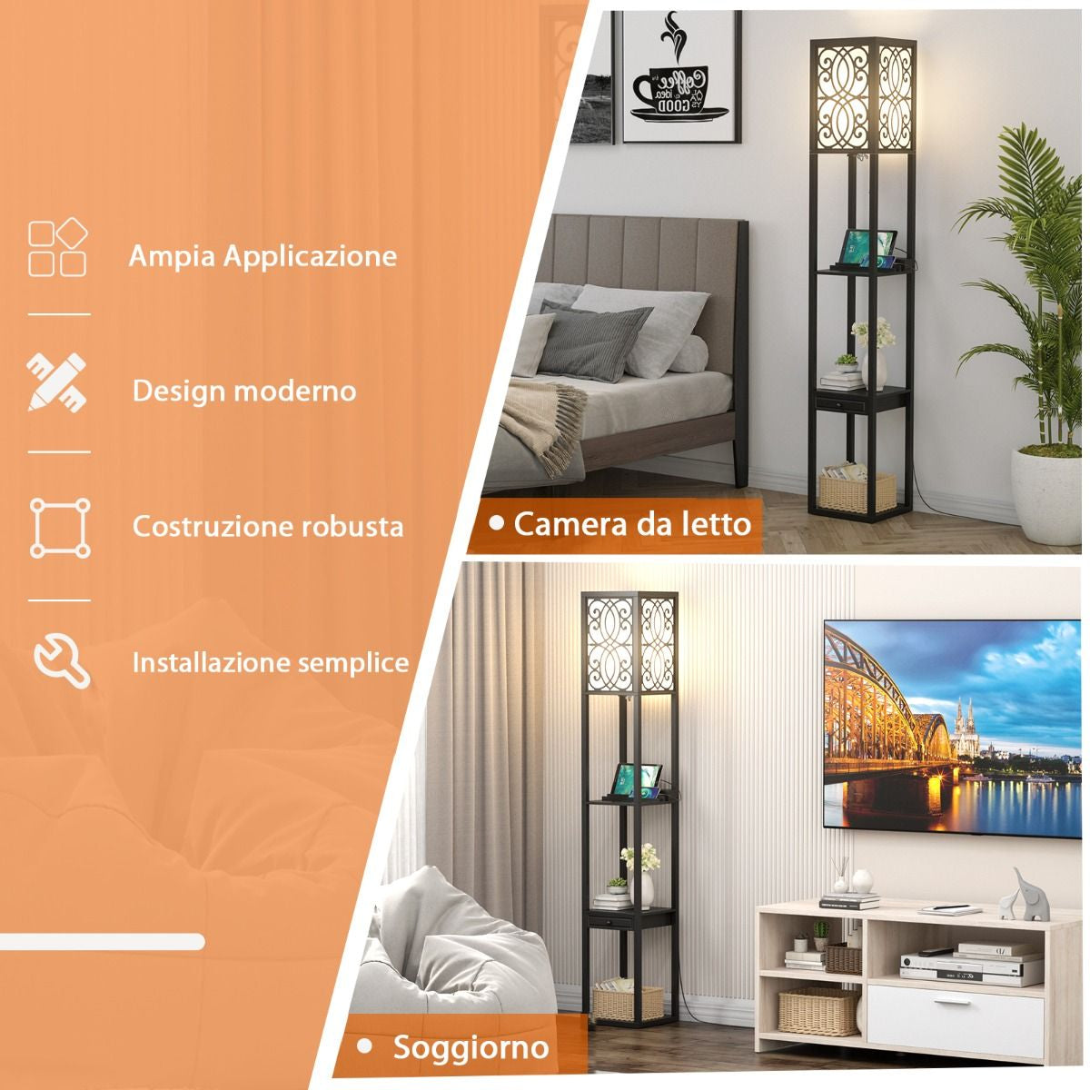 Lampada a Stelo Con Ripiani E Cassetto, Lampada a Piantana Moderna Con 1 Presa Elettrica 2 Porte USB Nera