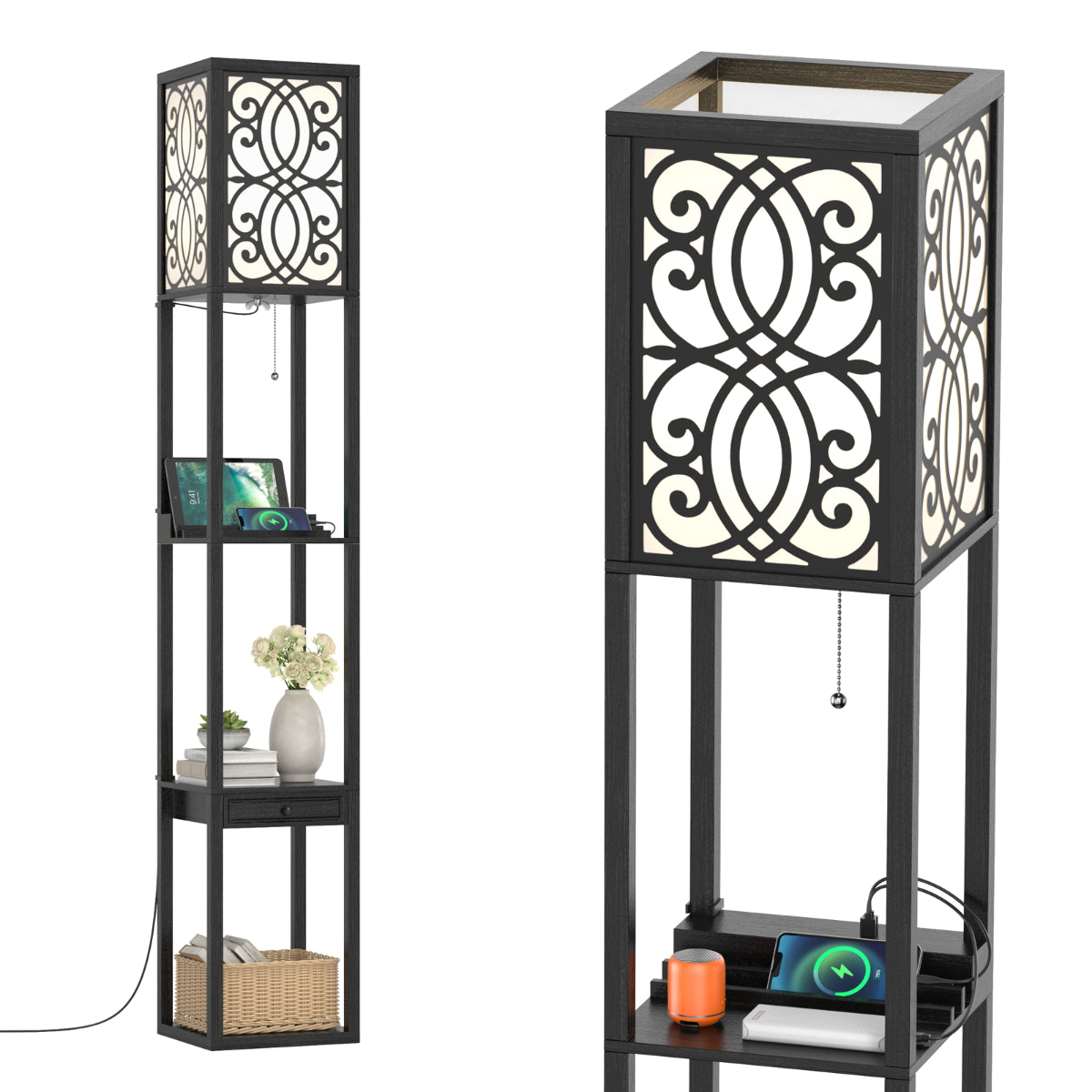 Lampada a Stelo Con Ripiani E Cassetto, Lampada a Piantana Moderna Con 1 Presa Elettrica 2 Porte USB Nera