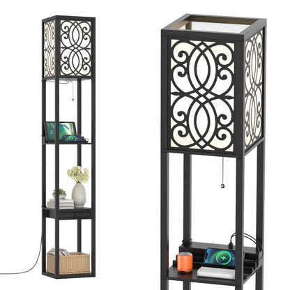 Lampada a Stelo Con Ripiani E Cassetto, Lampada a Piantana Moderna Con 1 Presa Elettrica 2 Porte USB Nera